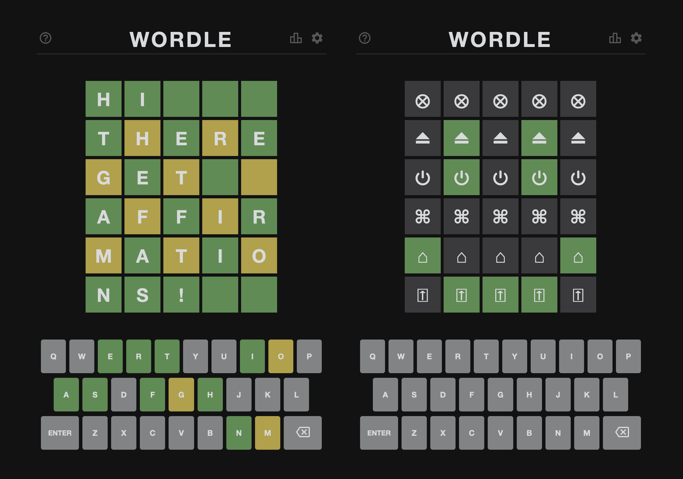 Left: A screenshot of Wordle saying "Hi there, get affirmations!"; Right: A screenshot of Wordle with the green squares arranged to form a happy face